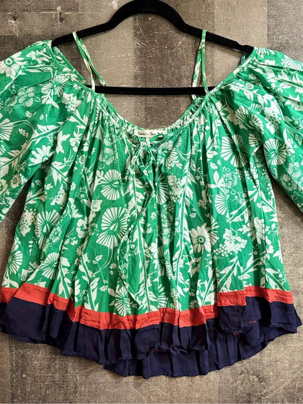 Double Zero Green Floral Off-Shoulder Peasant Top with Navy & Coral Trim